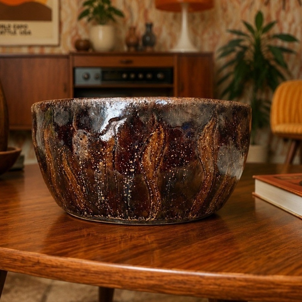 Vintage Studio Pottery Bowl Mid Century Modern Fat‎ Lava Glaze 8" USA 1975